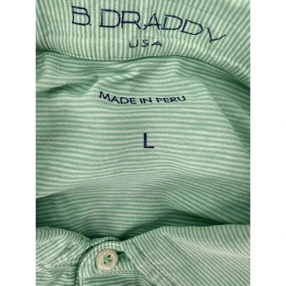 B Draddy Mens Polo Shirt Large Pullover GREEN White Striped Cotton Spandex Golf - Picture 9 of 10